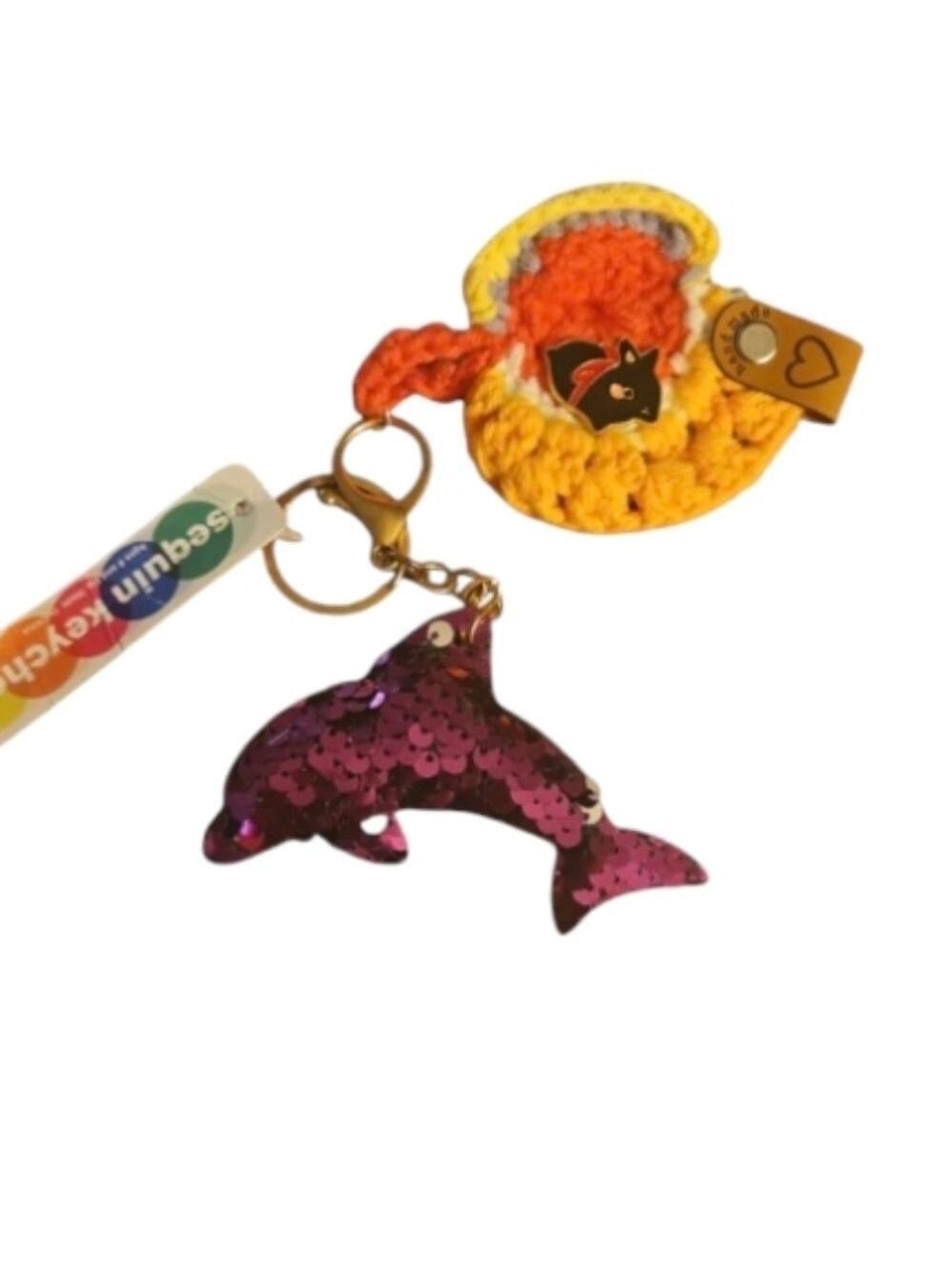 Handmade Crochet Keychain Black Rabbit Enamel Pin Purple Dolphin Sequin